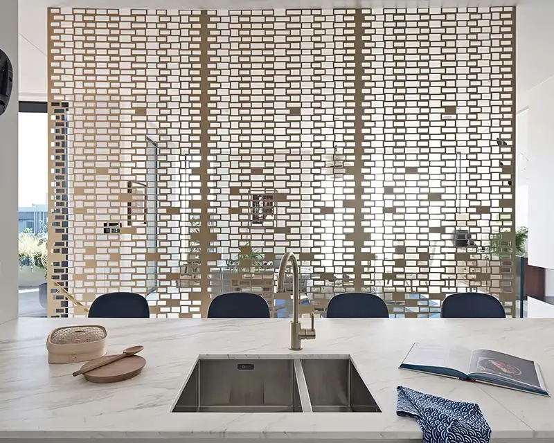Helios House, White City, W12 &mdash; Brass screen and marble kitchen