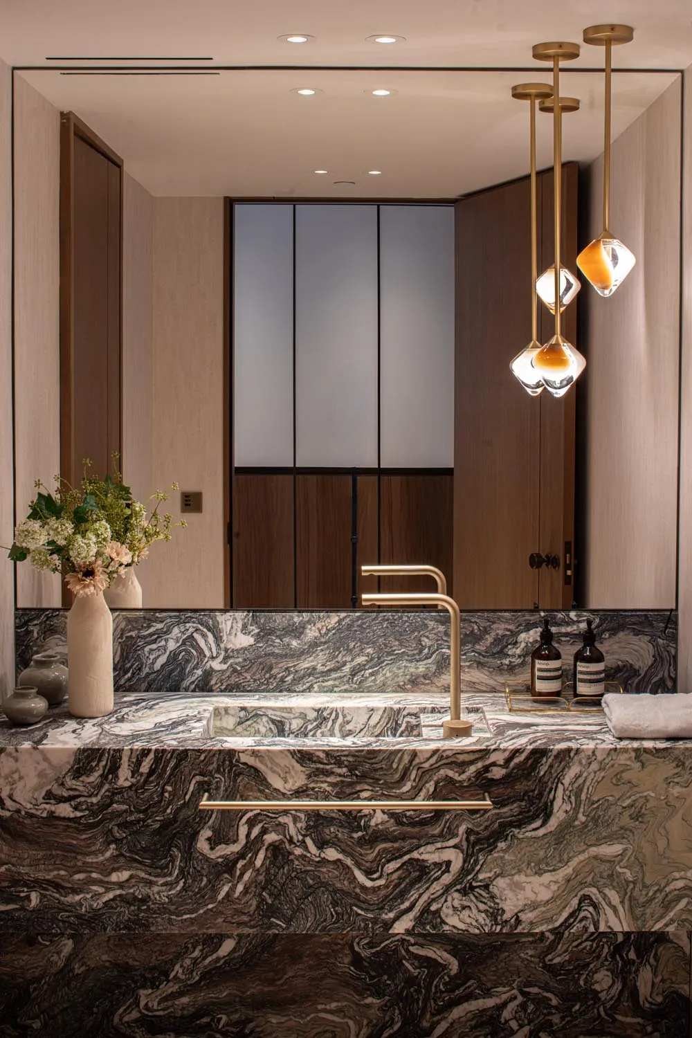 Holland Park Penthouse, Kensington &mdash; bathroom, marble vanity with pendants