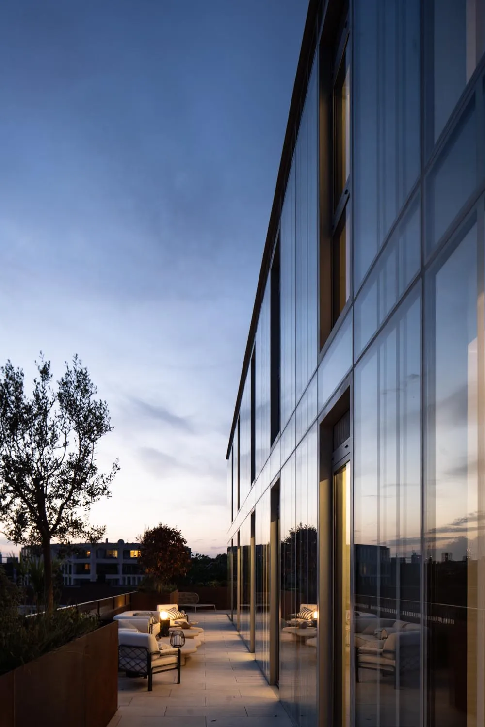 Holland Park Penthouse, Kensington &mdash; exterior, dusk, facade and balconies