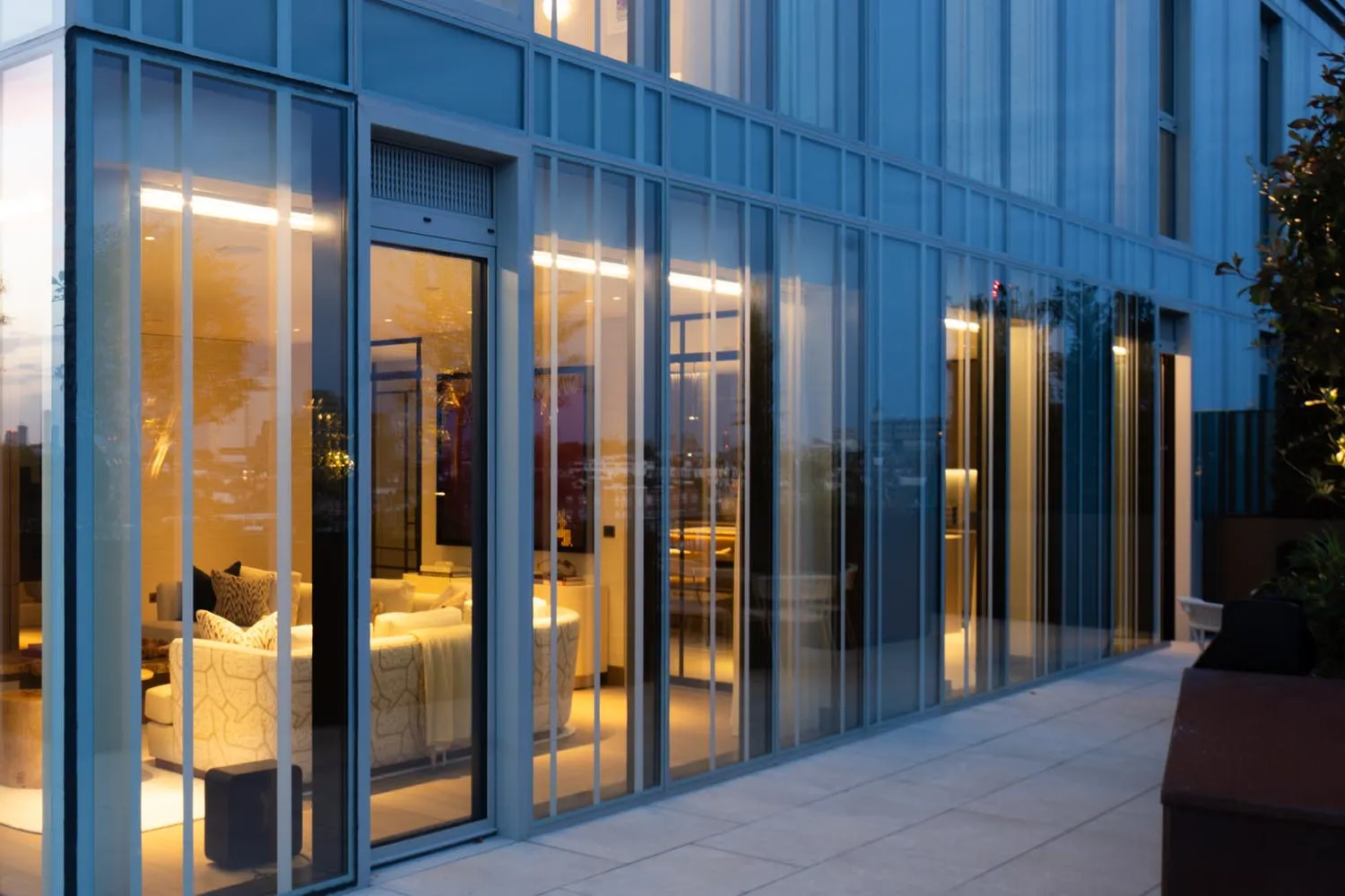 Holland Park Penthouse, Kensington &mdash; exterior, dusk, glazed facade