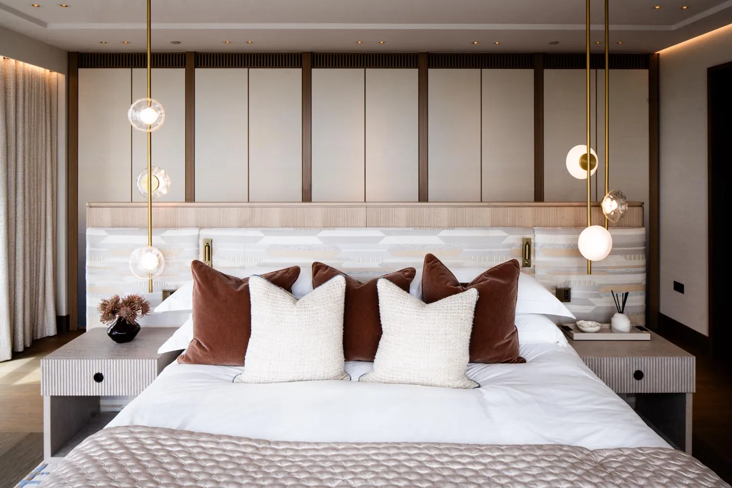 Holland Park Penthouse, Kensington &mdash; master bedroom, panelled headboard