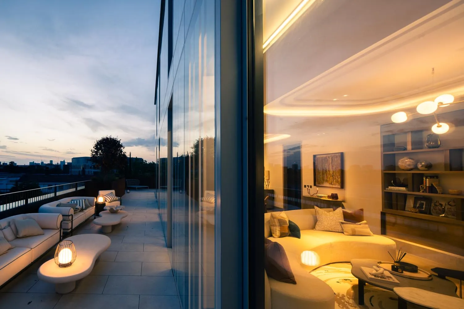 Holland Park Penthouse, Kensington, W8 &mdash; terrace at dusk, lit lounge