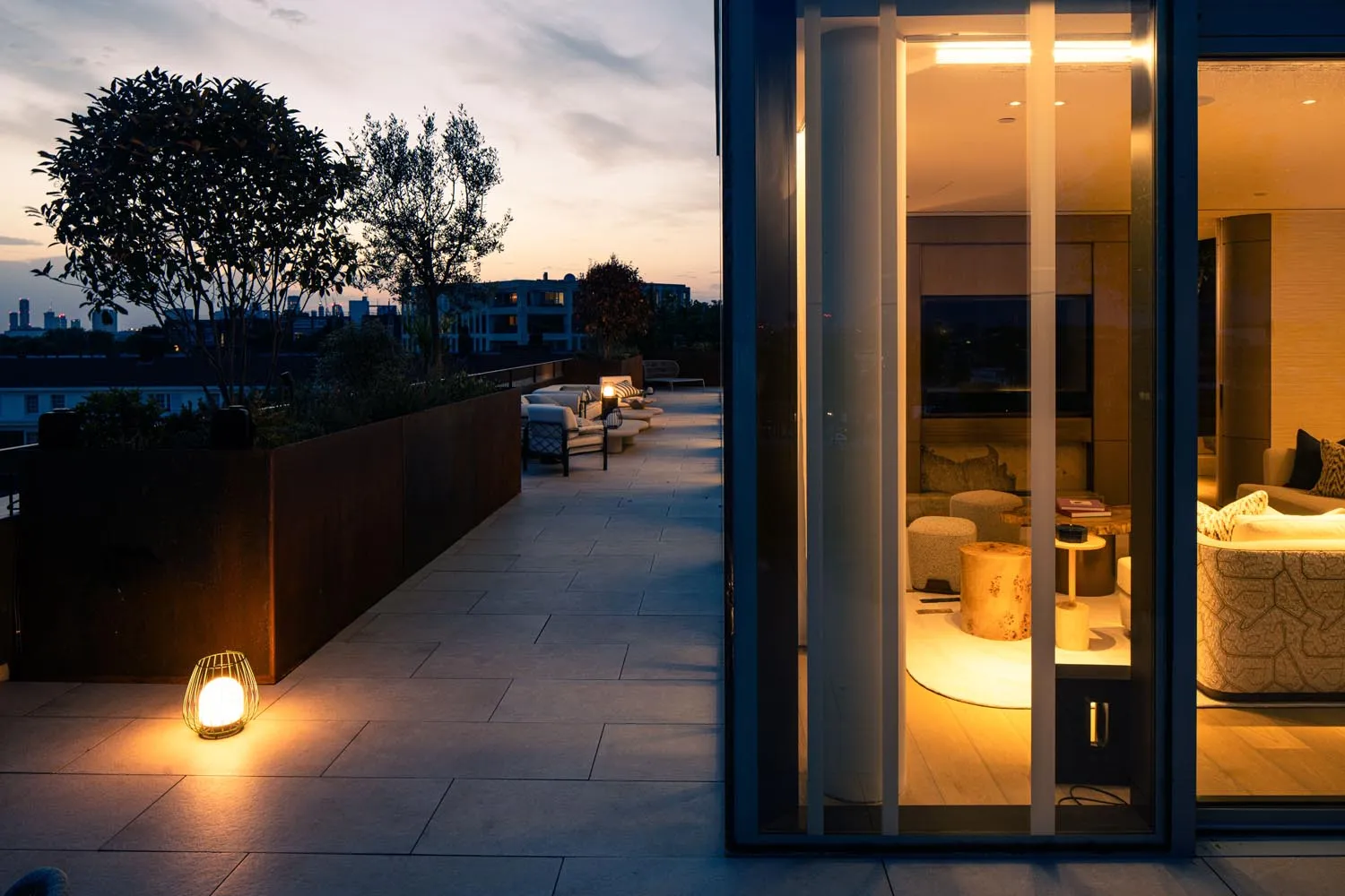 Holland Park Penthouse, Kensington &mdash; terrace at dusk, skyline