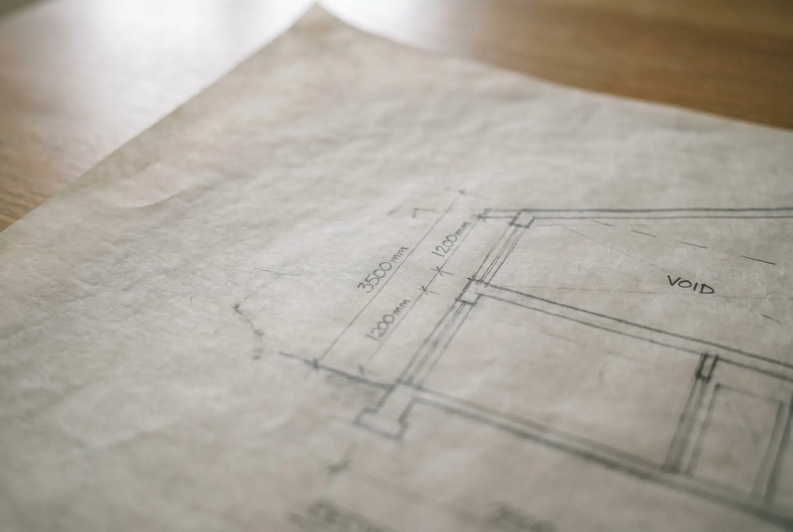 A pencil plan on tracing paper, with a &lsquo;VOID&rsquo; annotation