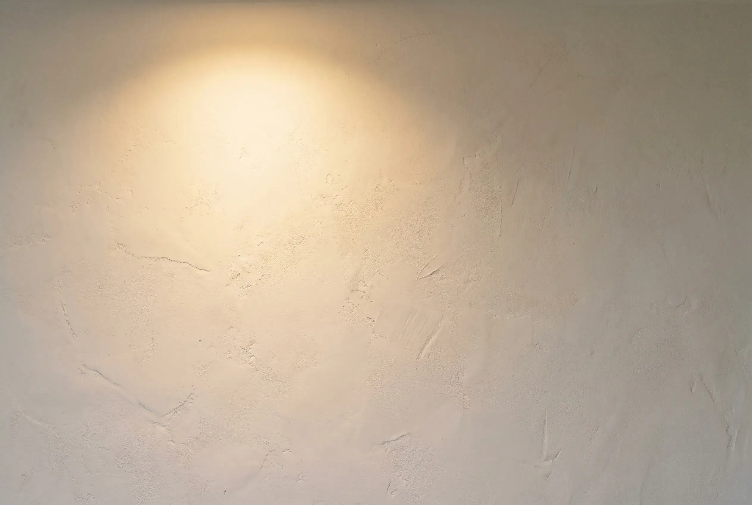 A single warm spotlight on a hand-trowelled plaster wall