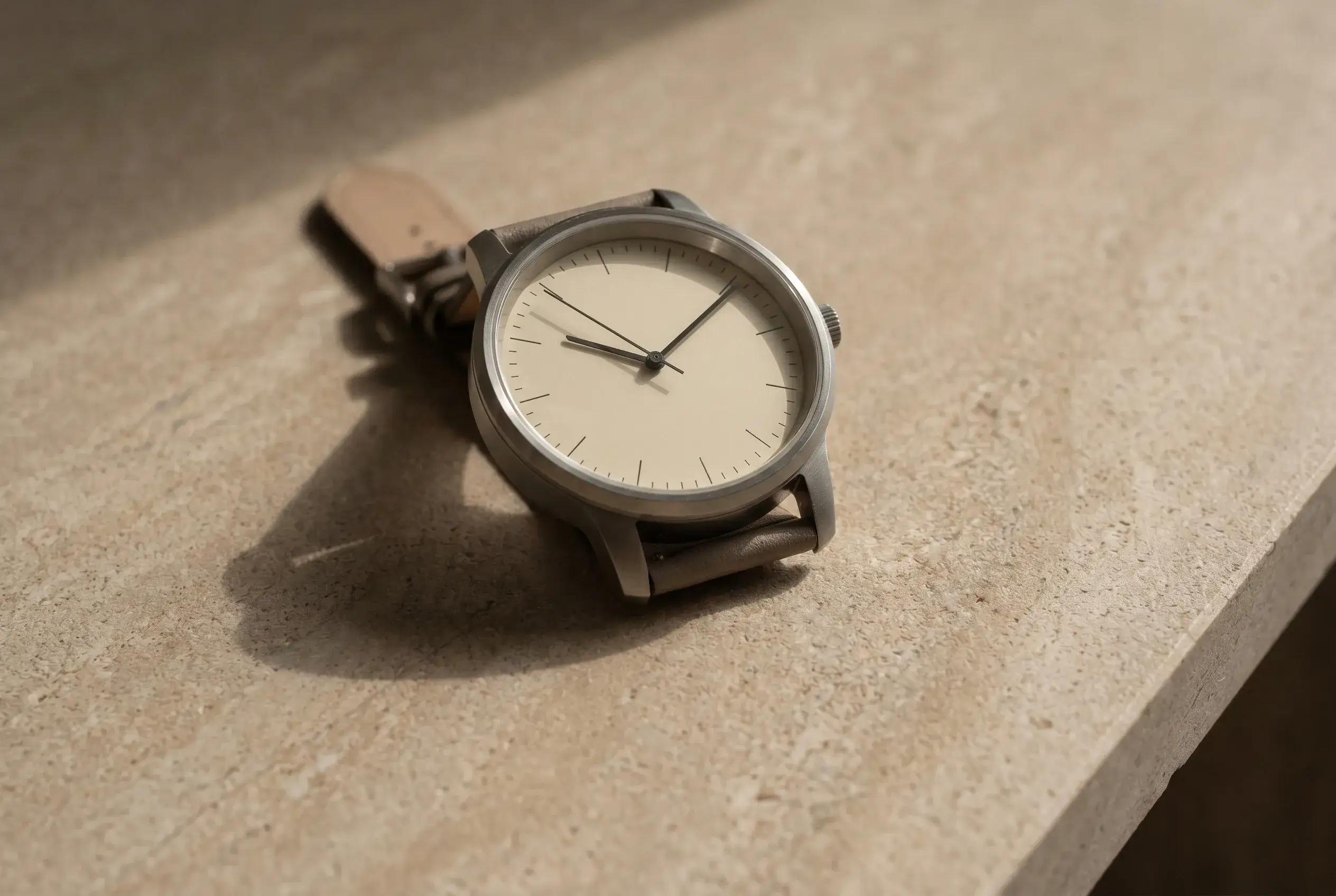 A simple mechanical watch on a travertine surface