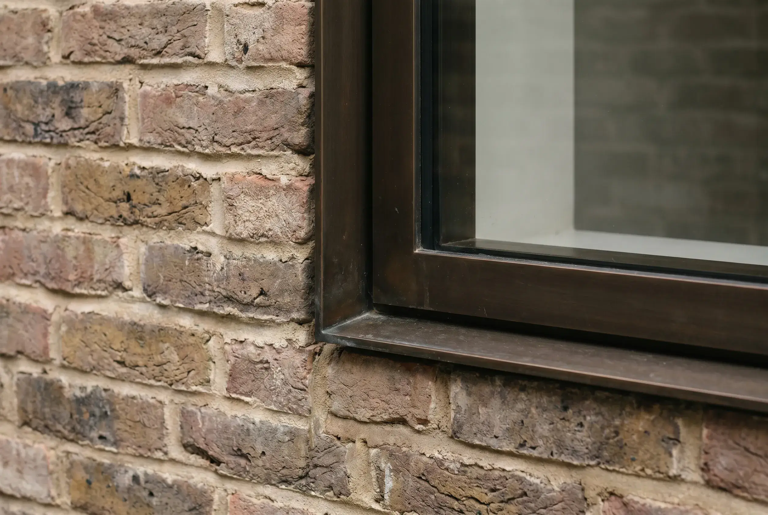 A bronze window frame set into a London-stock brick wall