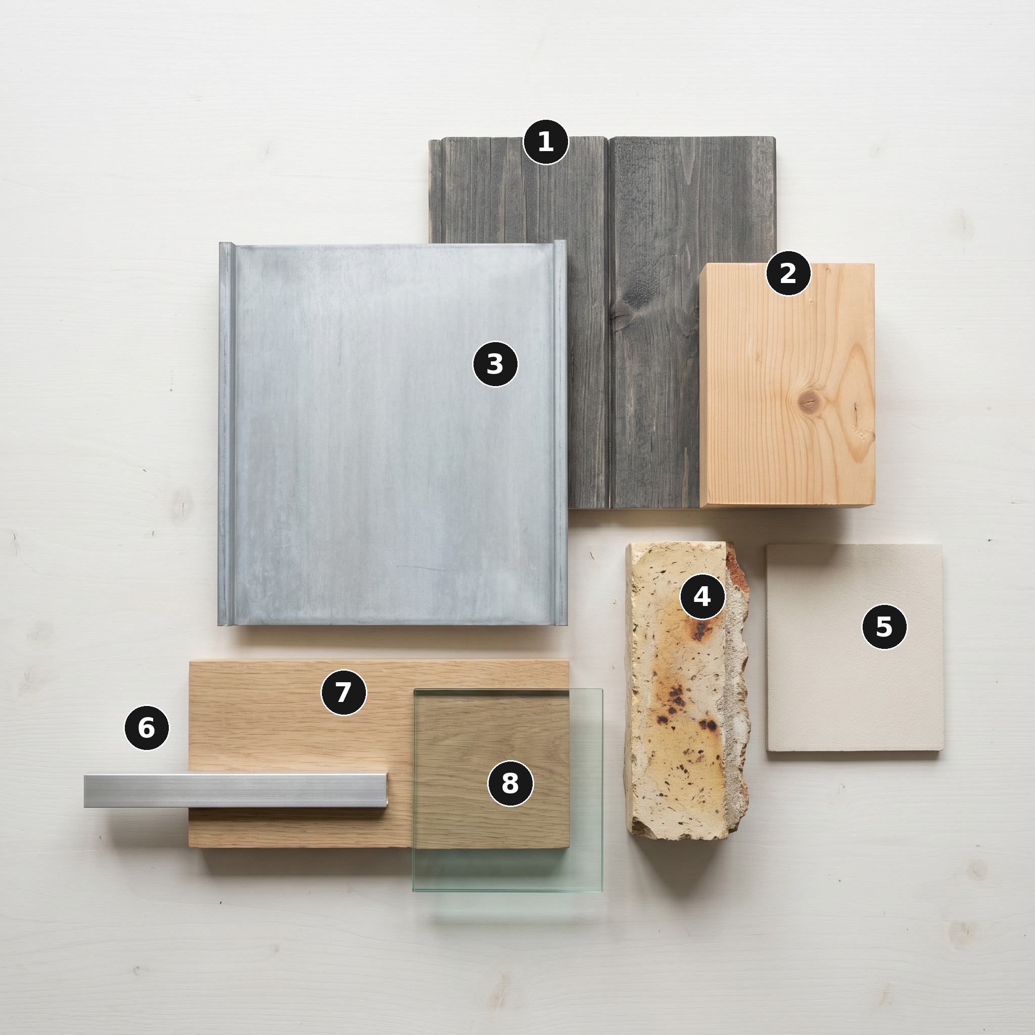 Overhead flat lay of 8 material samples from AD House, York — Charcoal-stained shiplap timber cladding, Douglas fir softwood, Recycled natural zinc cladding, London stock brick, Warm-white matt plaster, Brushed-aluminium glazing frame, Pale rift-cut European oak and Frameless clear float glass — arranged on a soft warm-white painted timber surface.