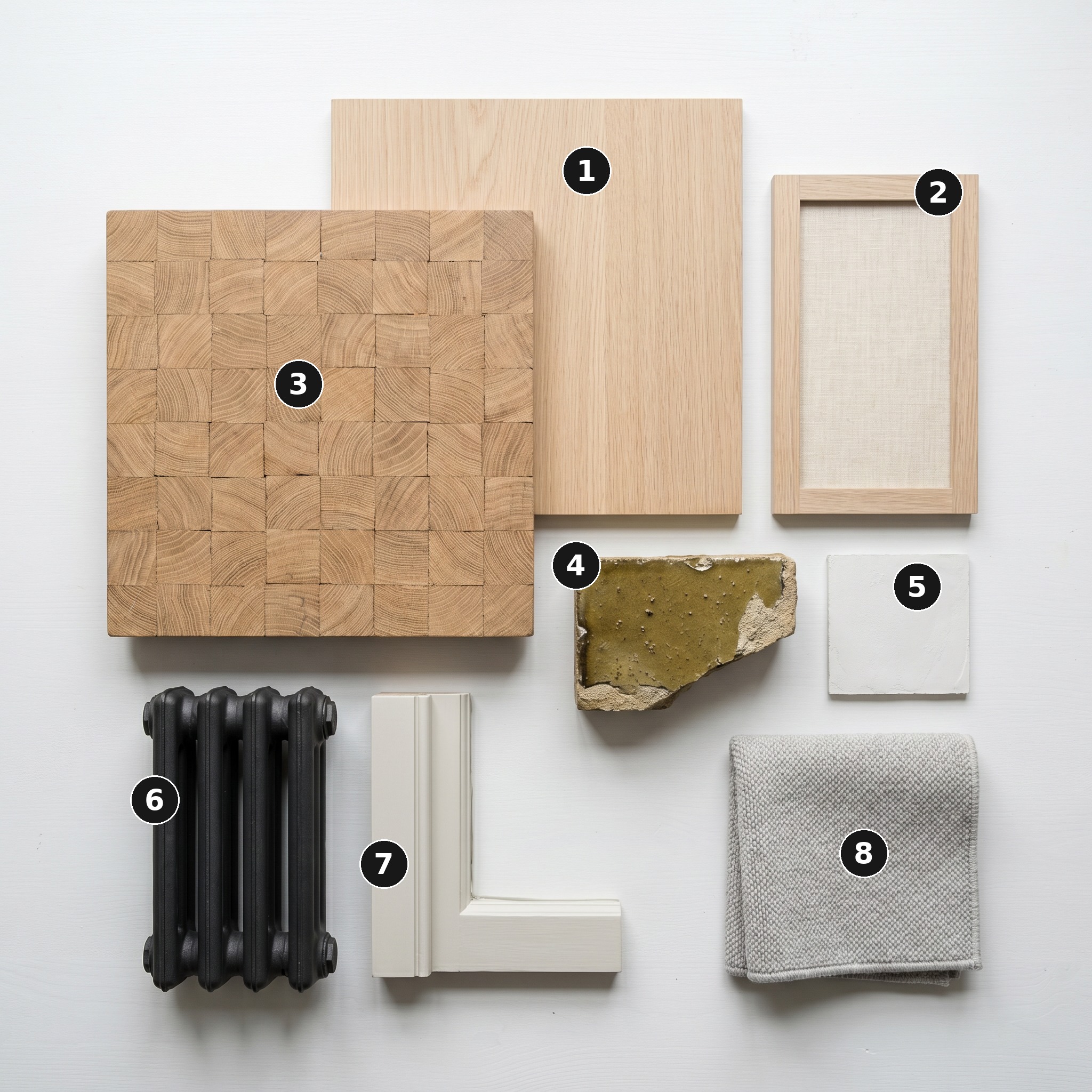 Overhead flat lay of 8 material samples from Apartment Block, Clerkenwell — Pale rift-cut European oak panel, Linen-stretched timber-framed shutter, End-grain oak block, Glazed Victorian yellow stock brick, Warm-white lime plaster, Cast-iron column radiator (painted near-black), Painted-timber Victorian sash window detail and Pale grey loop-pile wool carpet — arranged on a soft warm-white painted timber surface.