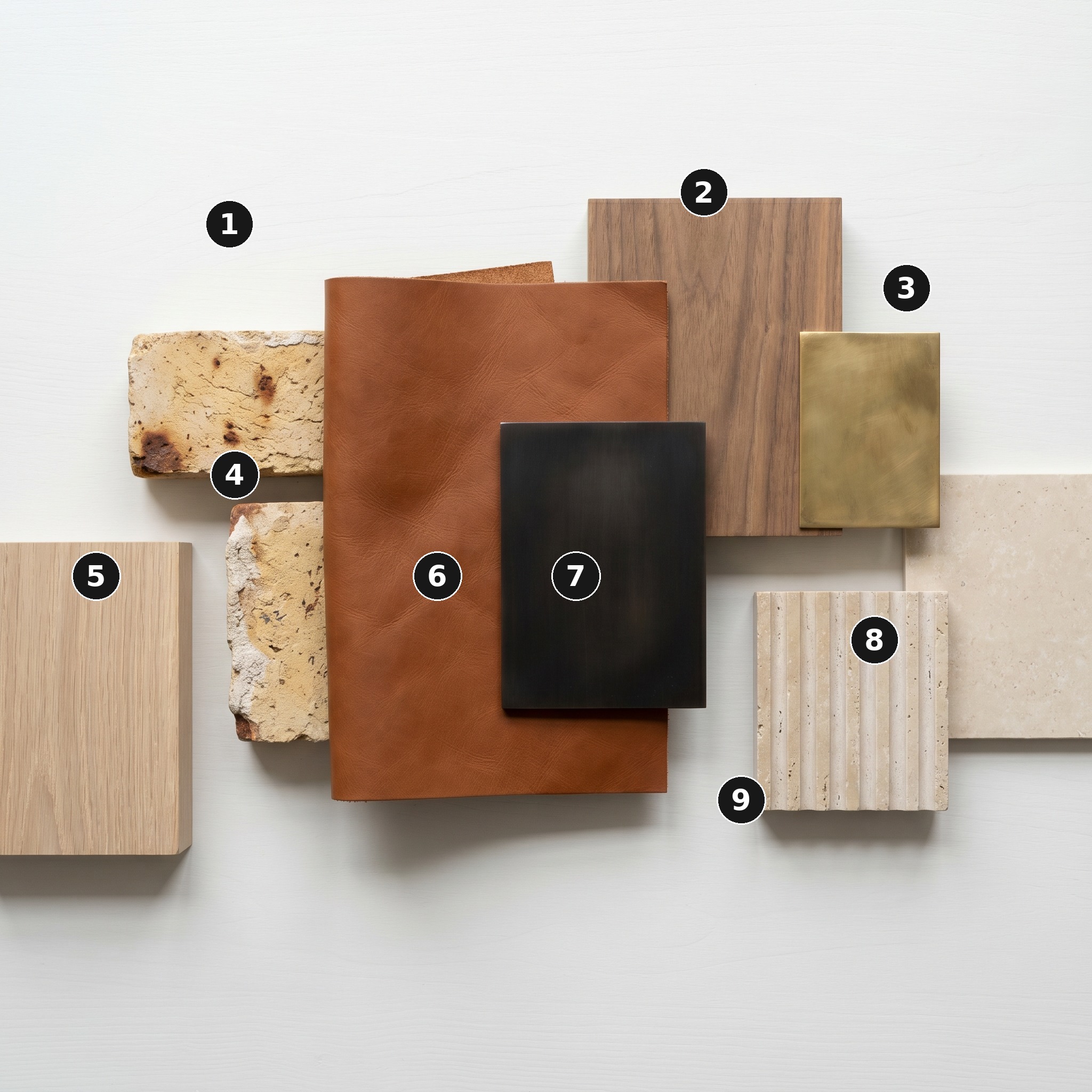 Overhead flat lay of 9 material samples from Arch Study, Notting Hill — Reclaimed London stock brick (lime-mortar wash), Walnut (or fumed oak), Aged brass, Reclaimed London stock brick (clean face), Pale rift-cut European oak, Cognac saddle leather, Matte-black blackened bronze, Honed travertine slab and Fluted travertine — arranged on a soft warm-white painted timber surface.