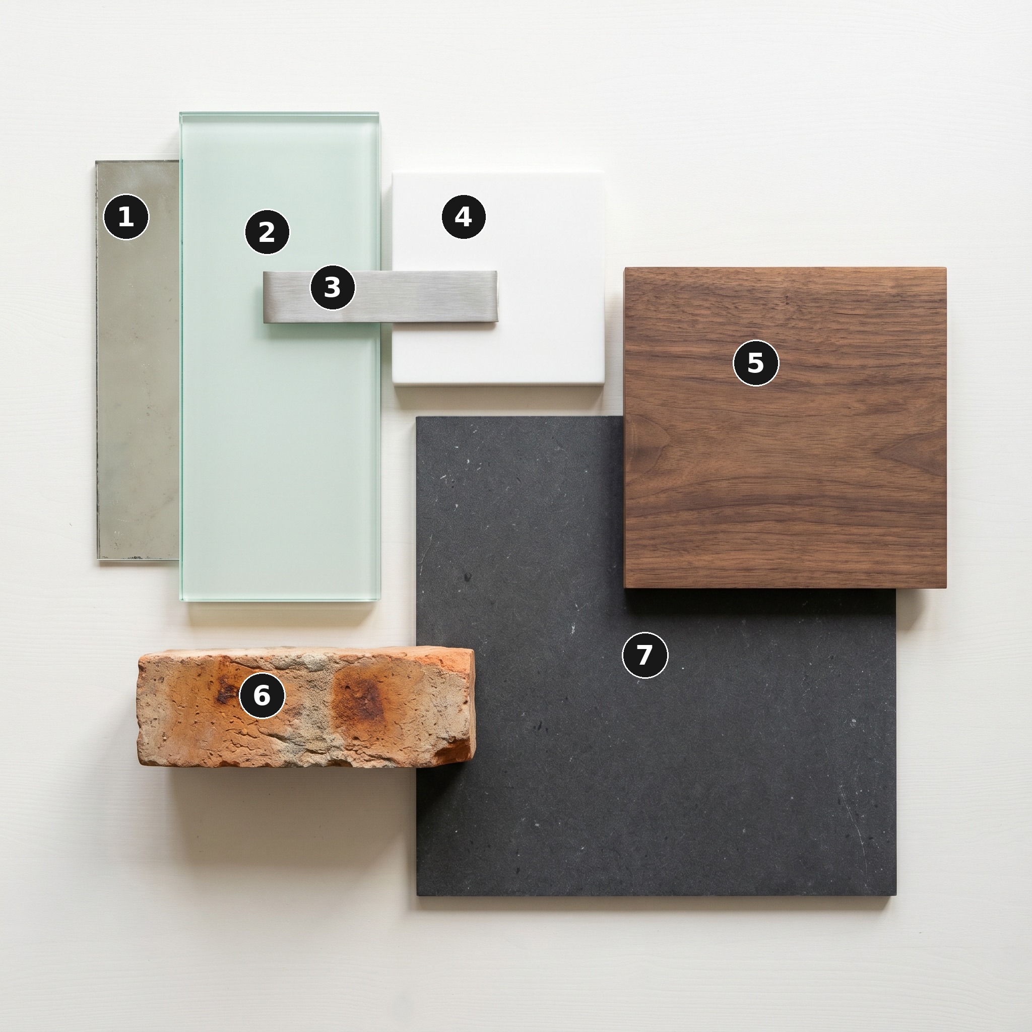 Overhead flat lay of 7 material samples from Canyon House, Clerkenwell — Antique mirror panel, Pale green-tinted laminated glass, Brushed stainless steel, Pure-white Corian / quartz, American black walnut, Reclaimed London stock brick and Dark charcoal-grey honed porcelain tile — arranged on a soft warm-white painted timber surface.