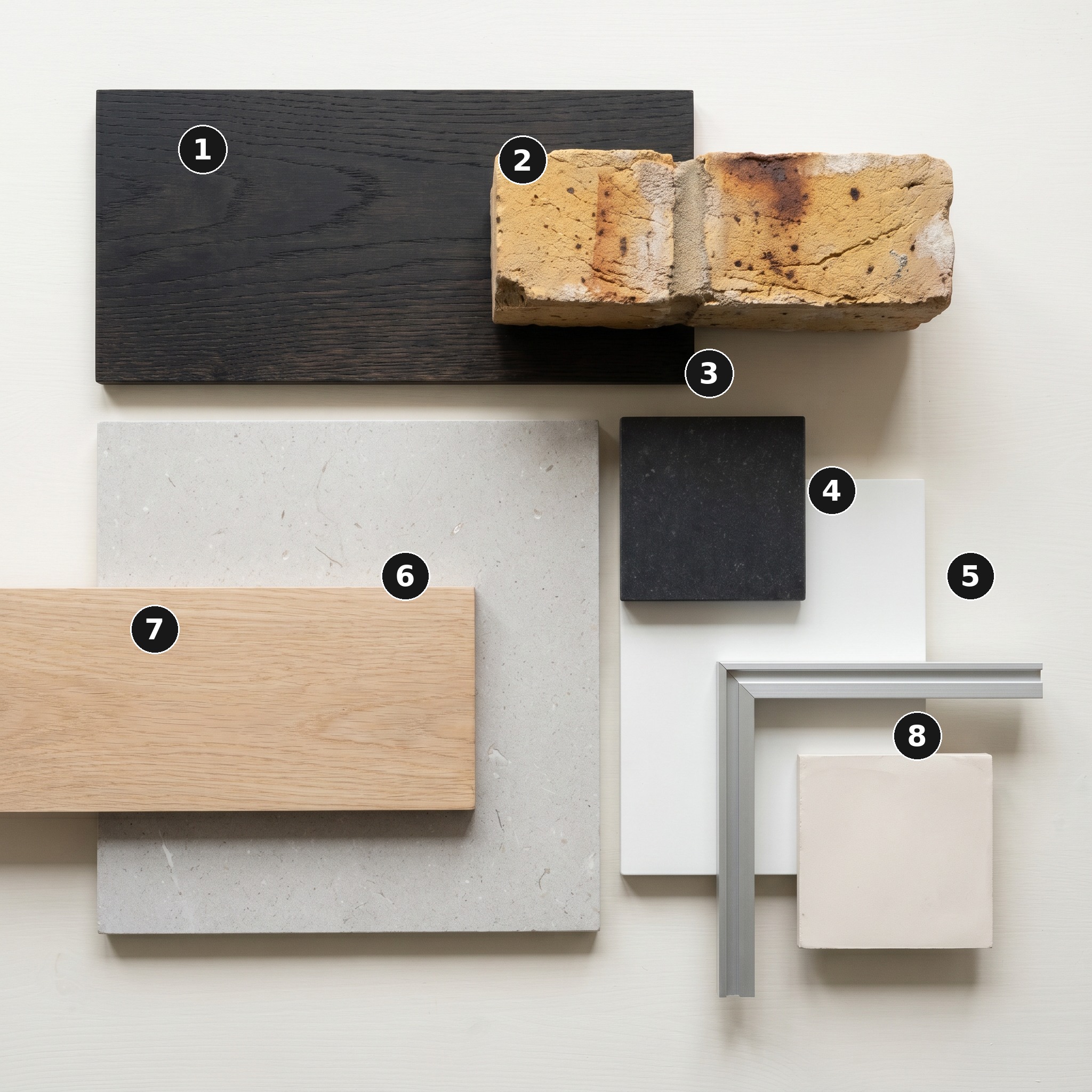 Overhead flat lay of 8 material samples from Capablanca House, Barnsbury — Dark-stained European oak, Yellow London stock brick, Honed dark charcoal stone worktop, White matt-lacquered MDF, Brushed-silver anodised aluminium frame, Honed pale grey limestone, Pale natural European oak and Warm-white matt plaster — arranged on a soft warm-white painted timber surface.