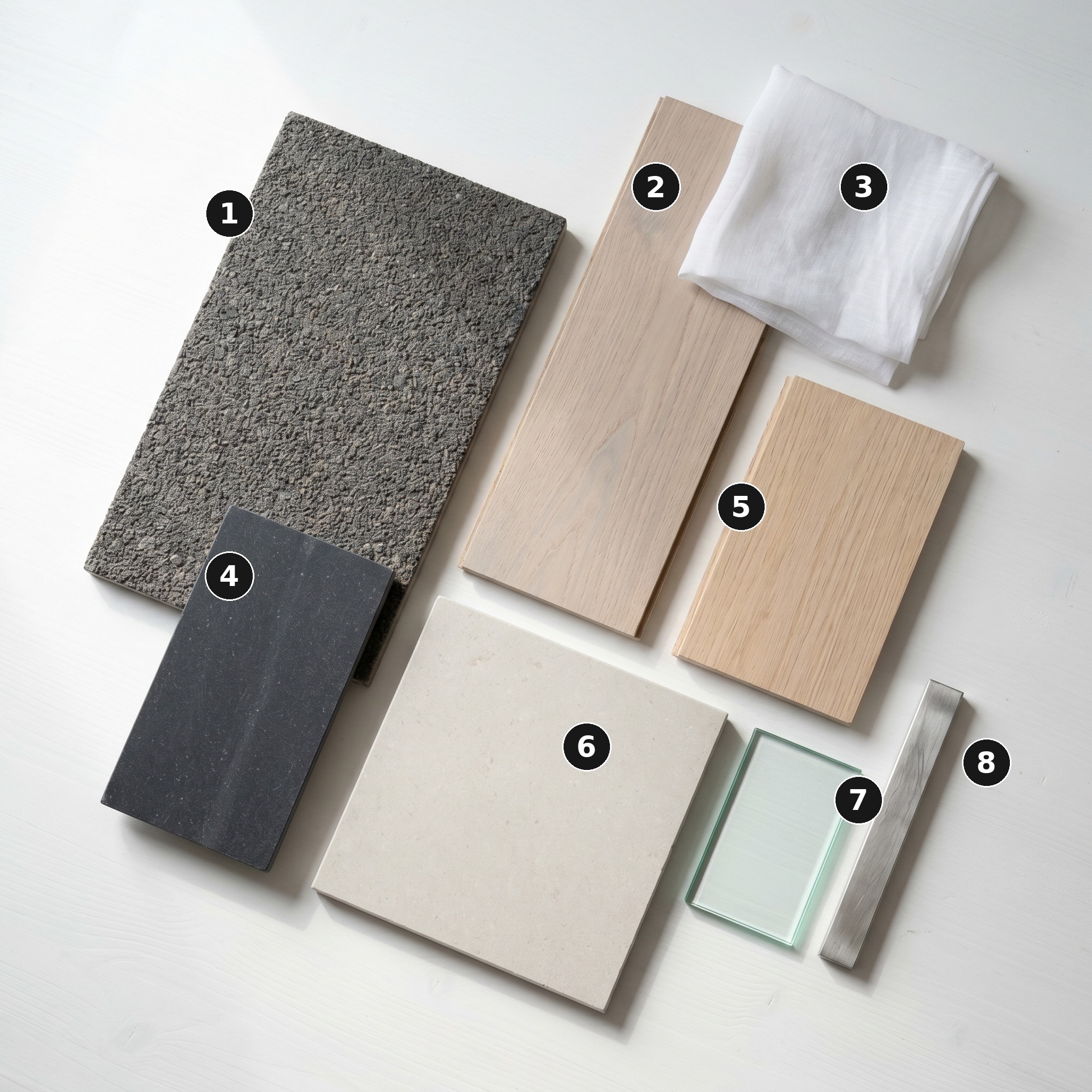Overhead flat lay of 8 material samples from Cove Ridge, Devon — Textured tyrolean render, Pale ash floor plank, Sheer white linen curtain, Honed near-black basalt, Pale rift-cut European oak, Pale honed limestone paving slab, Frameless clear float glass and Brushed stainless steel — arranged on a soft warm-white painted timber surface.