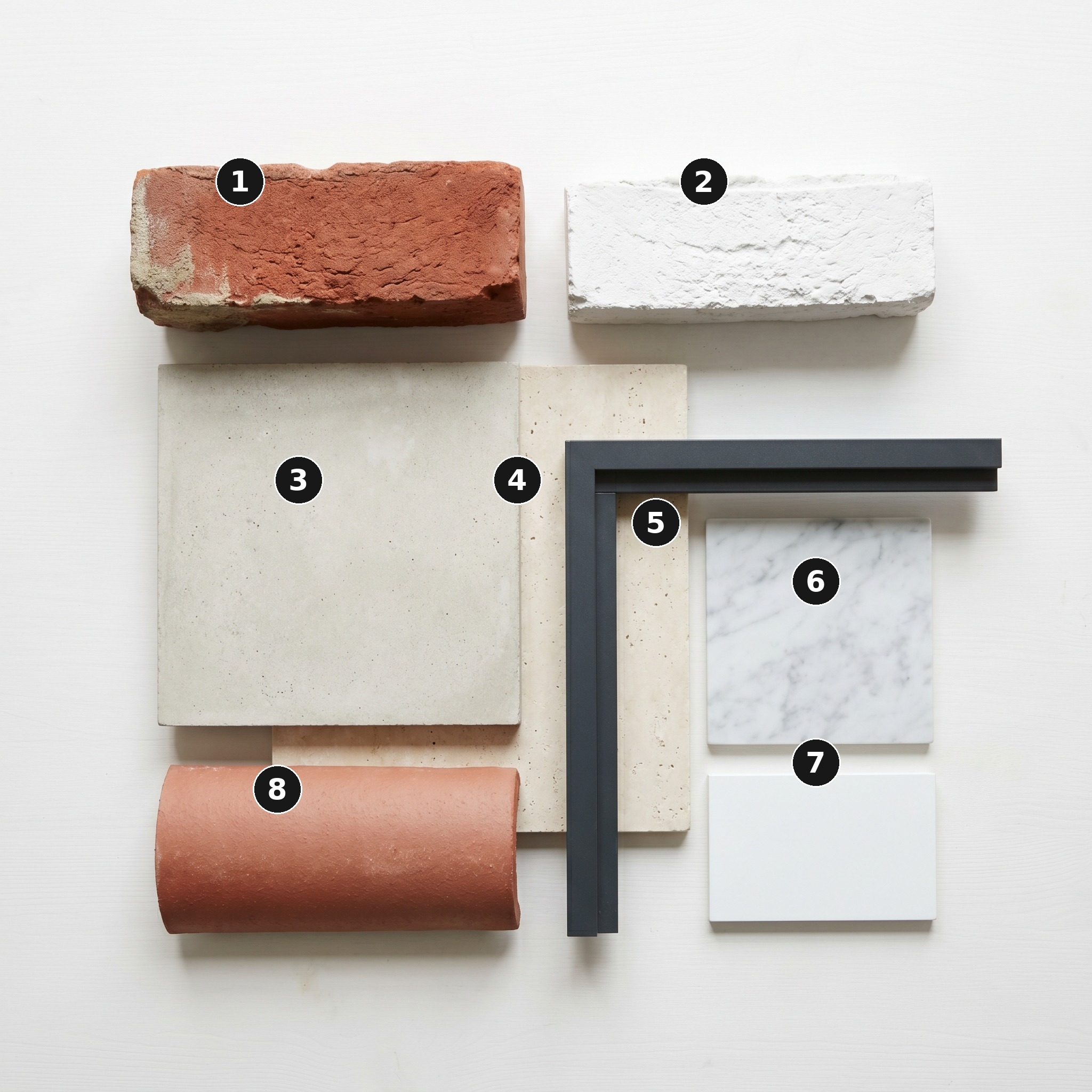 Overhead flat lay of 8 material samples from Garden Lodge, Harpenden — Warm red Edwardian-stock brick, White-painted red brick, Pale polished concrete, Honed pale travertine, Anthracite-grey powder-coated aluminium frame, Statuario marble, White matt-lacquered MDF and Natural-clay terracotta roof tile — arranged on a soft warm-white painted timber surface.