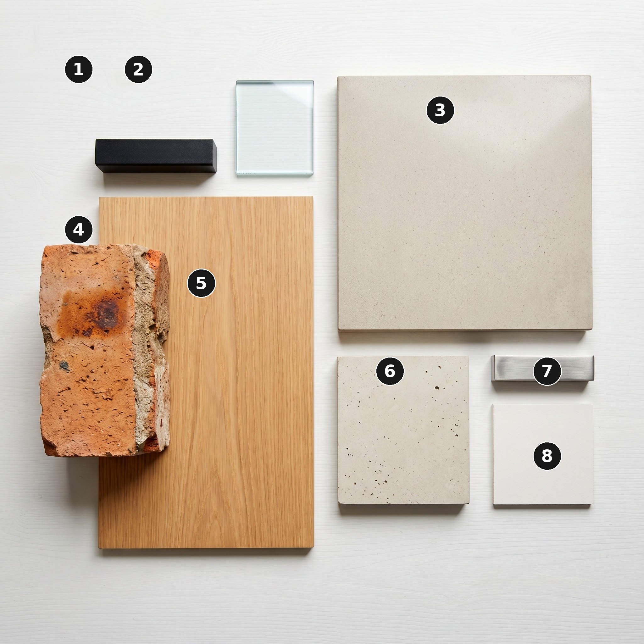 Overhead flat lay of 8 material samples from Hidden House, Clerkenwell — Matte black powder-coated steel, Frameless clear float glass, Warm-white matt plaster, Reclaimed orange-red London stock brick, Pale honey European oak veneer joinery, Polished concrete worktop, Brushed stainless steel and Pale polished concrete floor — arranged on a soft warm-white painted timber surface.