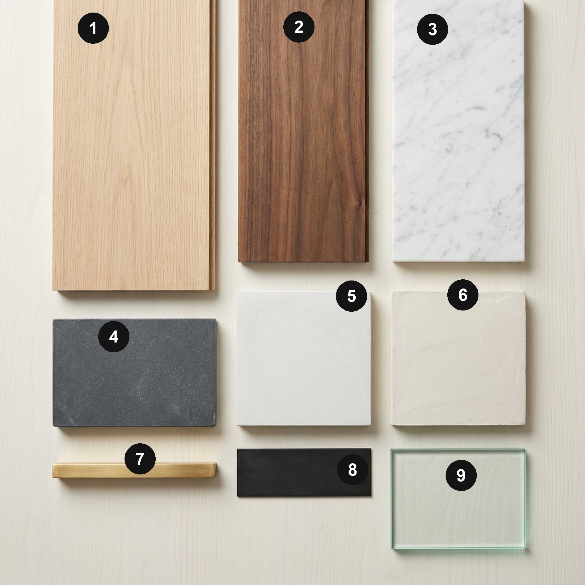 Overhead flat lay of 9 material samples from Holland Park Penthouse, Kensington — Pale rift-cut European oak, Warm walnut, Honed white statuario marble, Honed dark charcoal stone, Pale stone tile, Natural warm-white clay plaster, Aged brass, Blackened steel and Frameless clear float glass — arranged on a soft warm-white painted timber surface.