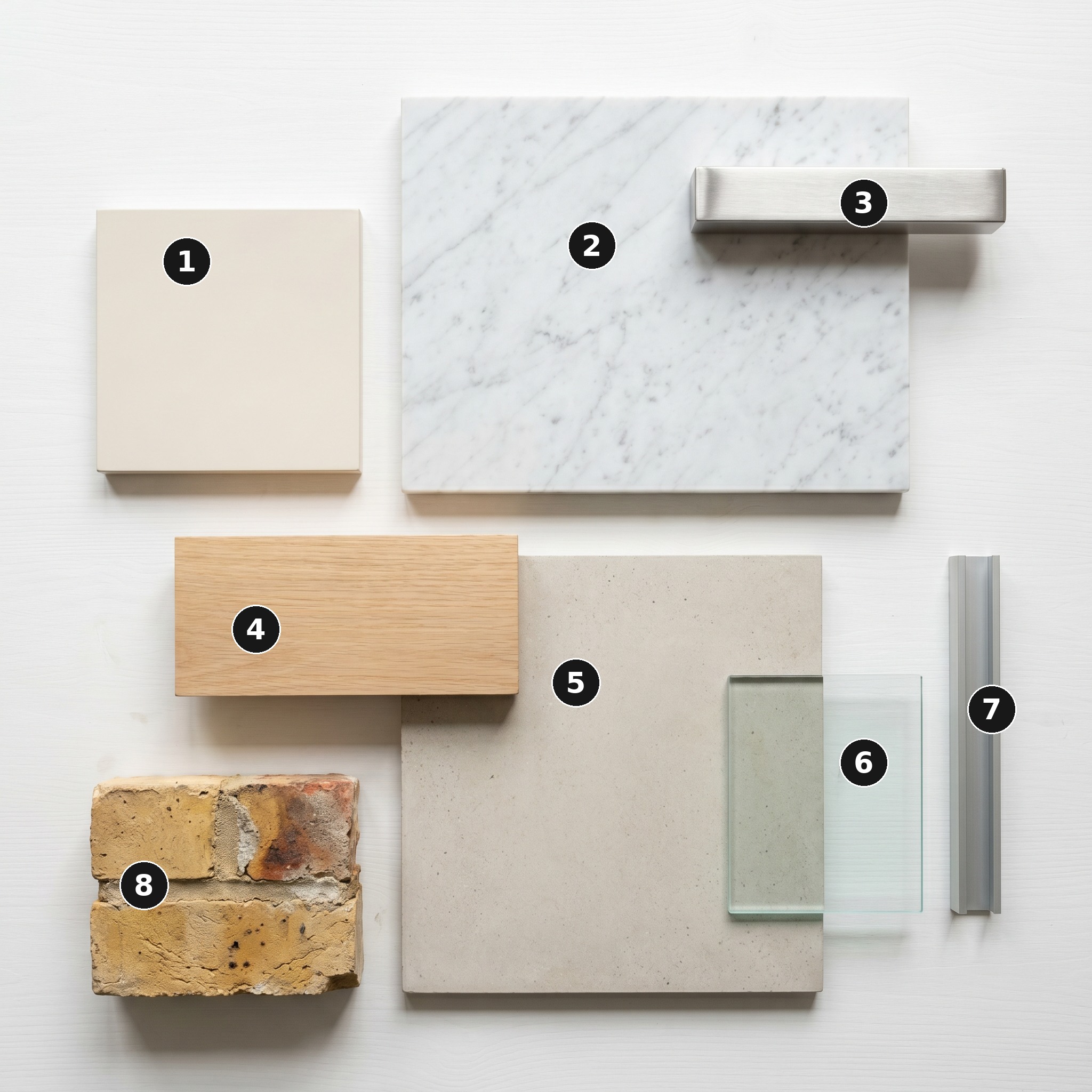 Overhead flat lay of 8 material samples from Kitchen Garden, Maida Vale — Warm-taupe matt-lacquered MDF, Carrara marble, Brushed stainless steel, Pale natural European oak, Pale polished concrete floor, Frameless clear float glass, Brushed-silver aluminium frame and Yellow London stock brick — arranged on a soft warm-white painted timber surface.
