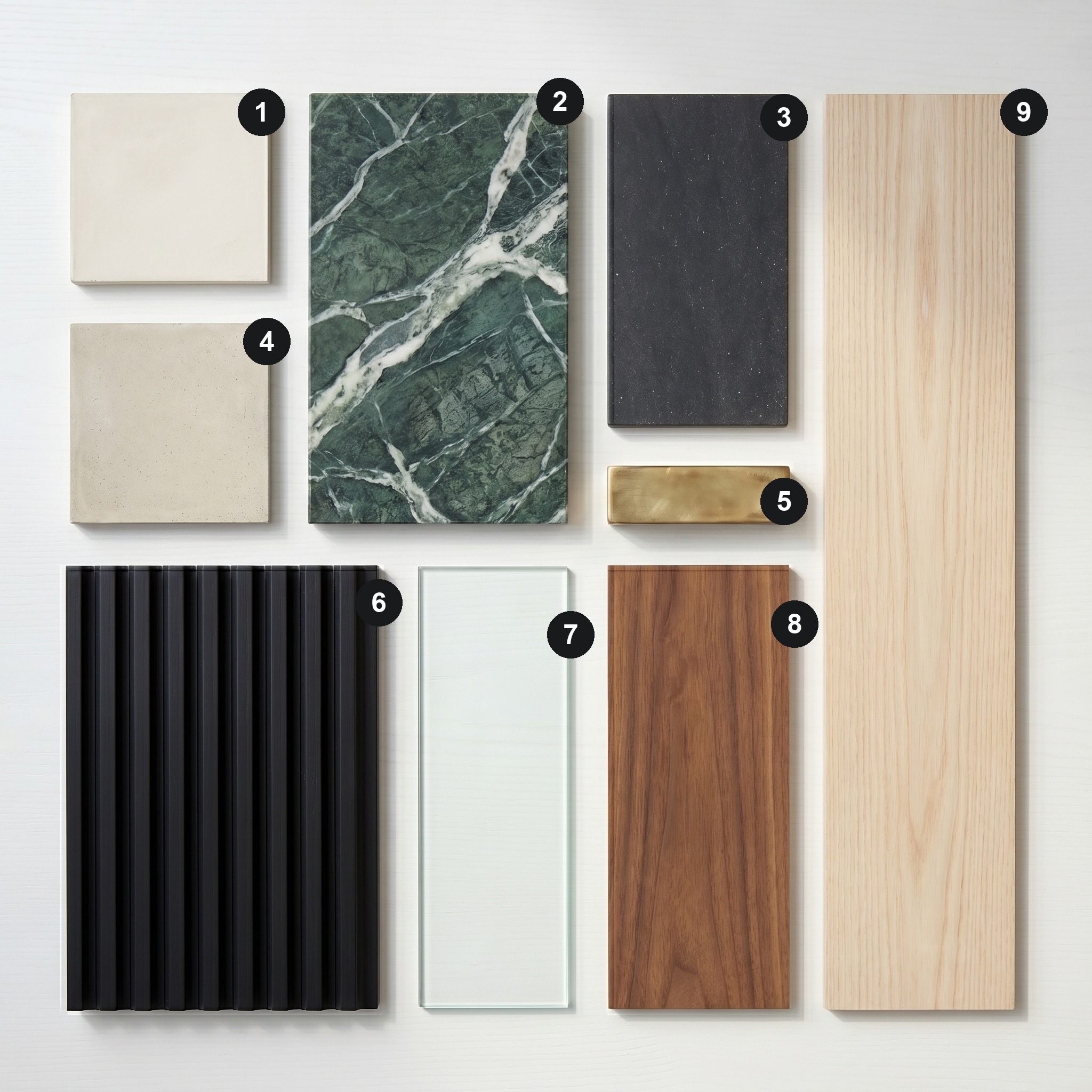 Overhead flat lay of 9 material samples from Meadow Grove, Barnes — Warm-white matt plaster, Polished verde alpi green marble, Honed dark charcoal stone worktop, Pale polished concrete floor, Aged brass, Matt-black painted joinery, Frameless clear float glass, Warm walnut veneer and Pale ash plank floor — arranged on a soft warm-white painted timber surface.
