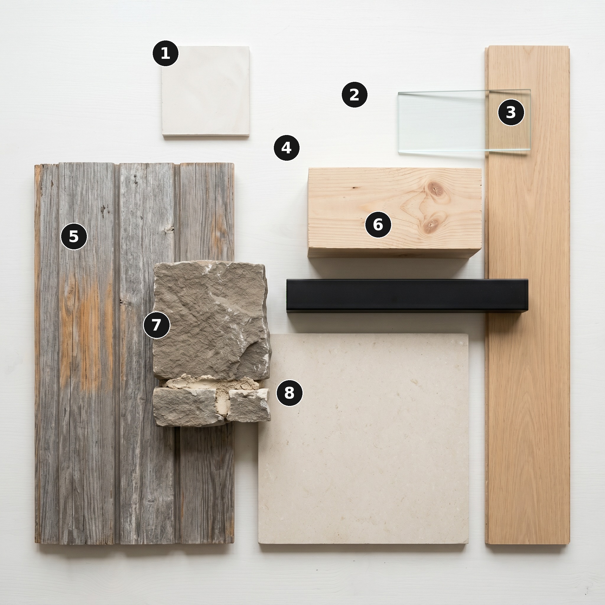 Overhead flat lay of 8 material samples from Modern Barn, Devon — Warm-white matt plaster, Frameless clear float glass, Pale natural European oak, Natural softwood rafter timber, Vertical larch cladding, Matte black powder-coated steel, Coursed local Devon rubble stone and Pale honed limestone paving — arranged on a soft warm-white painted timber surface.