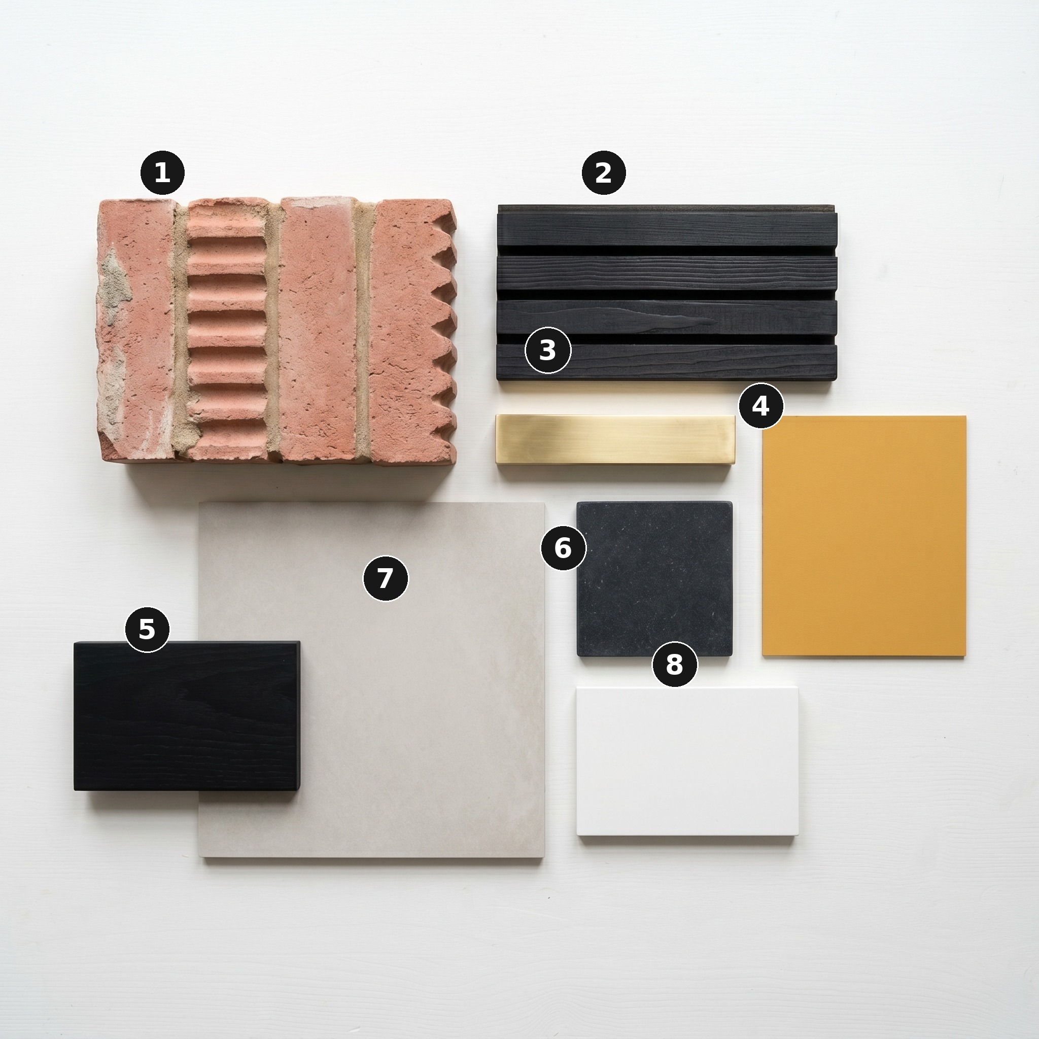 Overhead flat lay of 8 material samples from Modern Detached, Harpenden — Serrated red stock brick, Charred shou-sugi-ban timber slat, Brushed brass, Saturated yellow-ochre matt paint, Matt-black painted joinery, Honed dark charcoal stone worktop, Pale large-format porcelain floor tile and White matt-lacquered MDF — arranged on a soft warm-white painted timber surface.