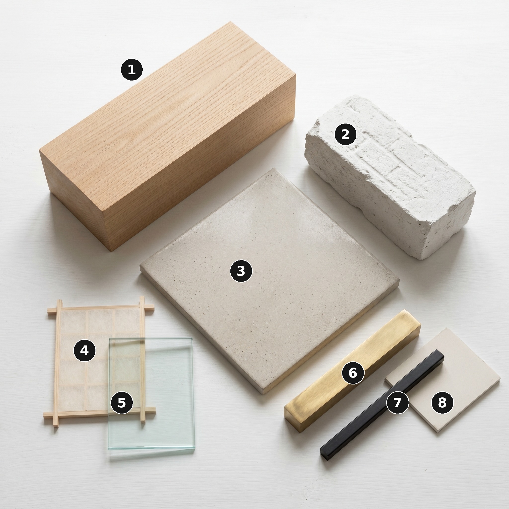 Overhead flat lay of 8 material samples from Modern Mews, Paddington — Pale natural European oak, White-painted London stock brick, Pale polished concrete, Rice-paper sliding-screen panel, Frameless laminated clear float glass, Brushed brass, Matte black powder-coated steel and Warm-white matt plaster — arranged on a soft warm-white painted timber surface.
