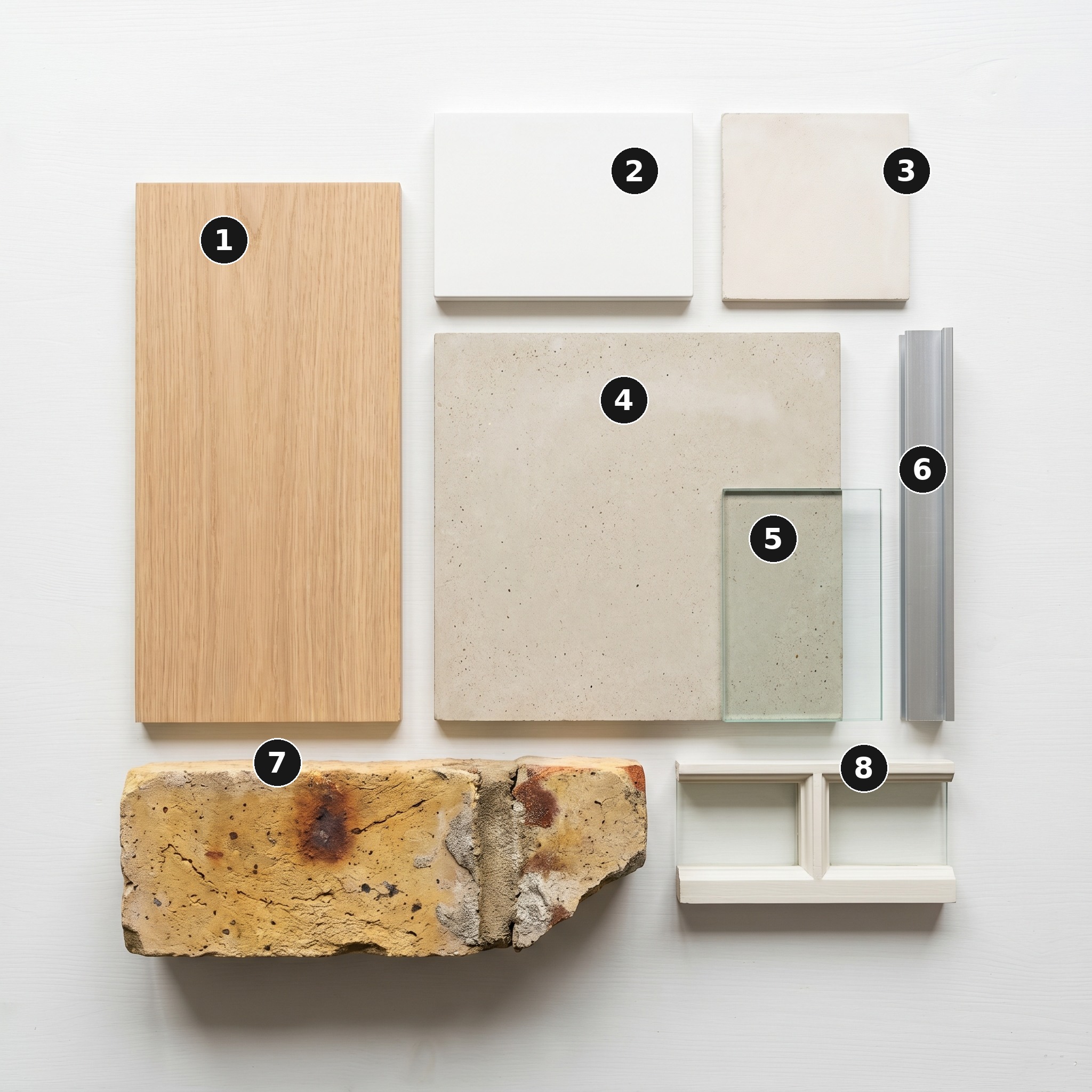 Overhead flat lay of 8 material samples from Modern Side Extension, Queens Park — Pale natural European oak, White matt-lacquered MDF, Warm-white matt plaster, Pale polished concrete, Frameless clear float glass, Brushed-silver aluminium frame, Yellow London stock brick and Painted-timber Victorian sash window detail — arranged on a soft warm-white painted timber surface.