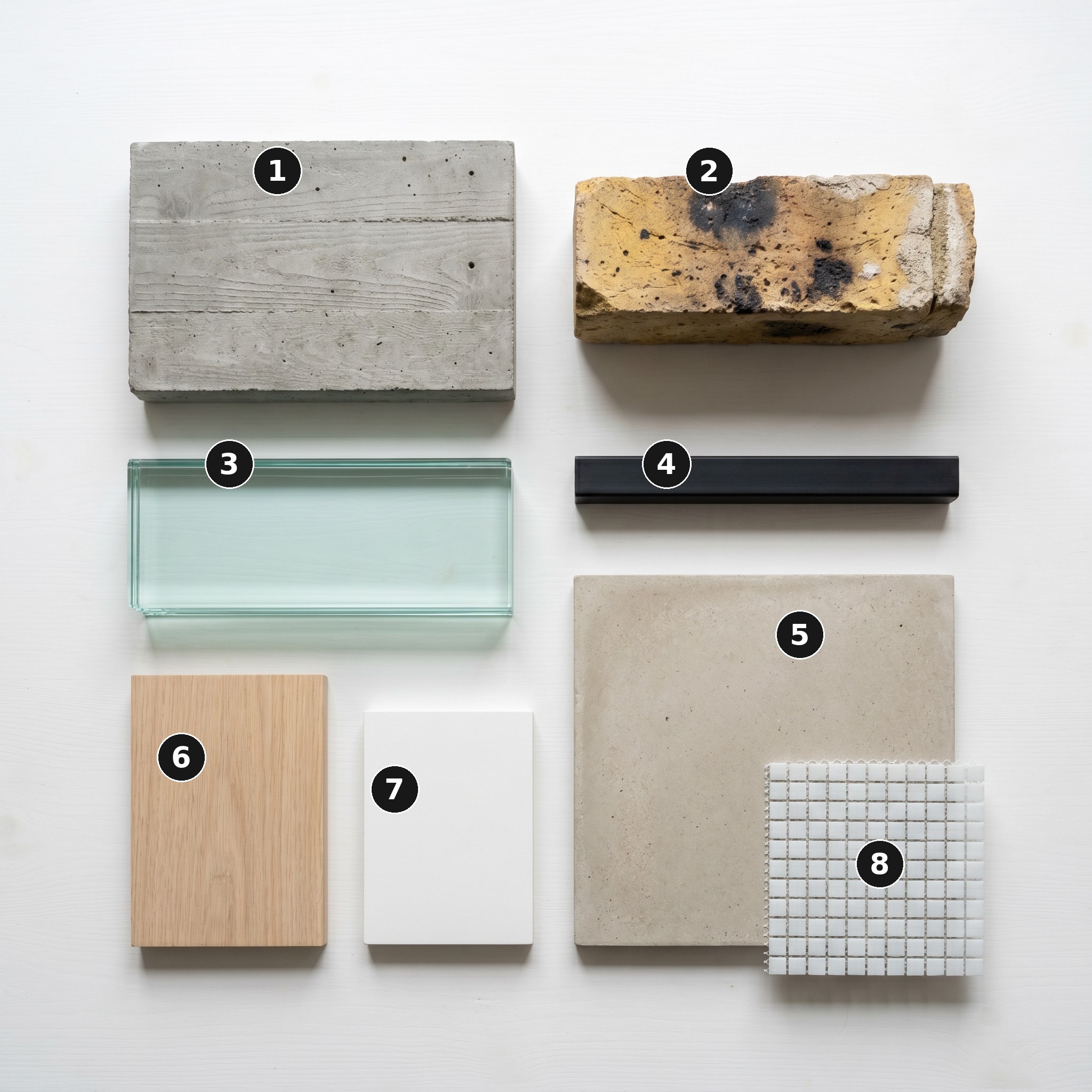 Overhead flat lay of 8 material samples from Modern Terrace, Islington — Board-marked cast concrete, Yellow London stock brick (fire-blackened), Laminated clear glass stair tread, Matte black powder-coated steel, Pale polished concrete floor, Pale natural European oak, White matt-lacquered MDF and Fine-grain white mosaic glass tile — arranged on a soft warm-white painted timber surface.