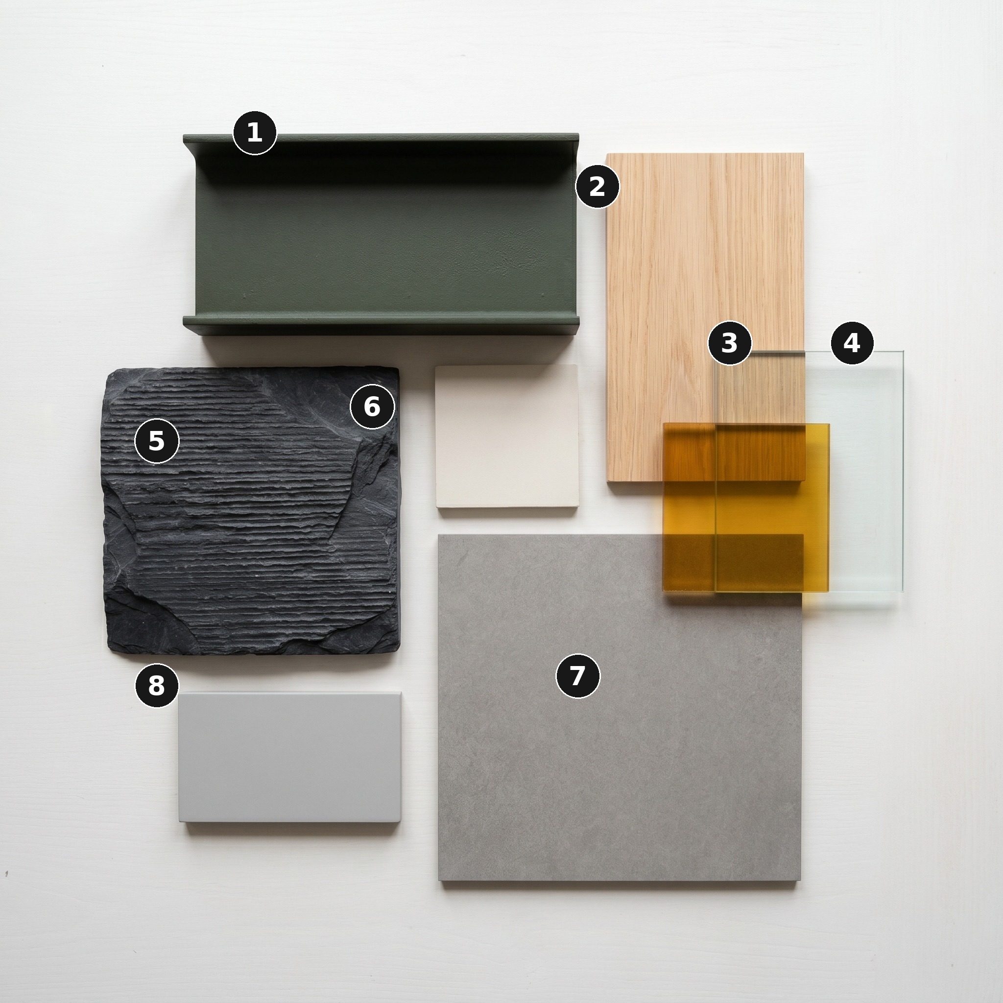 Overhead flat lay of 8 material samples from Sky House, Camden — Forest-green painted structural steel, Pale natural European oak shelving veneer, Yellow-pigmented cast acrylic panel, Frameless clear float glass, Split-face dark charcoal slate, Warm-white matt plaster, Honed mid-grey porcelain floor tile and Light grey matt-lacquered MDF — arranged on a soft warm-white painted timber surface.