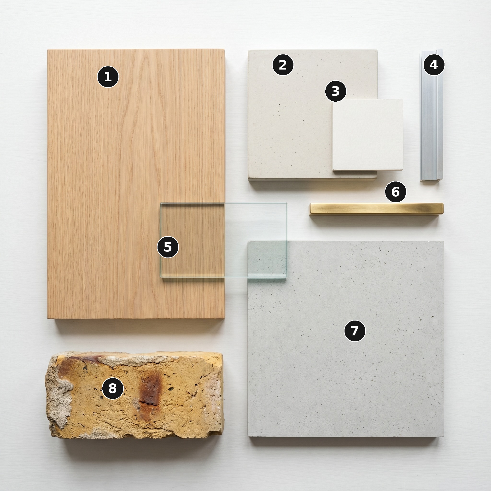 Overhead flat lay of 8 material samples from Well House, Islington — Pale honey European oak joinery, Bespoke pale-grey cast concrete worktop, Warm-white matt plaster, Brushed-silver aluminium frame, Frameless clear float glass, Brushed brass handrail profile, Pale polished concrete floor and Yellow London stock brick — arranged on a soft warm-white painted timber surface.
